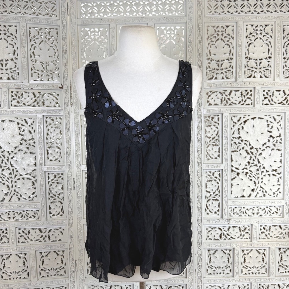 Rebecca Taylor 100% Silk Black Whimsygoth Beaded Tank Top Sz Small Dark Fairy